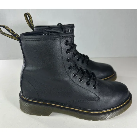 Dr. Martens Junior 1460 Softy T Black Leather Lace-Up Side Zip Boots Kids Size 2 - Picture 9 of 14